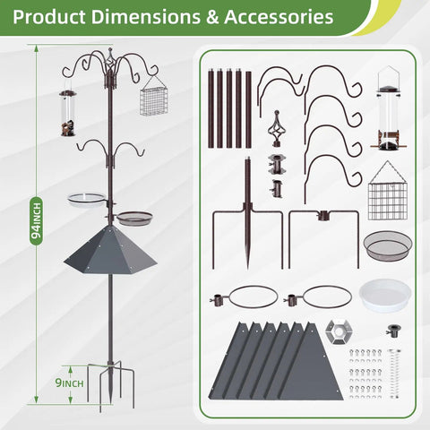 94 Inch Garden Bird Feeding Station Kit With Heavy Duty Metal Squirrel Baffle Seed Tray And Mesh Basket parts layout