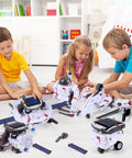 Solar Robot Science Kit For Kids Ages 8 To 14 Gift Set With Six Cool Buildable Robots That Move On Land, 120 Piece STEM Toys For Boys And Girls Teens 9 10 11 12 13, Inspiring Science Exploration And Creative Experiments in white, with kids building solar robots