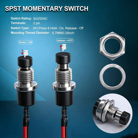 Momentary Push Button Switch 2 Pin SPST Normally Open Mini Round 7mm Black Button With Pre Soldered Wires for DIY Projects