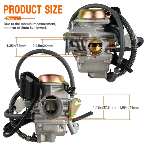GY6 Carburetor PD24J 24mm For 125cc To 150cc 4 Stroke Engines Electric Choke Intake Manifold with size measurements