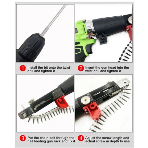 Heavy Duty Aluminum Screw Drill Chain Adapter showing installation steps for efficient use and adjustment in carpentry projects.