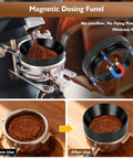 Bad Ass Home Barista Essential Kit Includes 58mm Spring Loaded Tamper Magnetic Wdt Tool Dosing Funnel And Silicone Tamping Mat For Sick Espresso Shots You Crave Daily, showing magnetic dosing funnel in use.