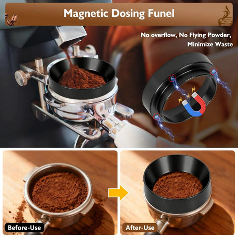 Bad Ass Home Barista Essential Kit Includes 58mm Spring Loaded Tamper Magnetic Wdt Tool Dosing Funnel And Silicone Tamping Mat For Sick Espresso Shots You Crave Daily, showing magnetic dosing funnel in use.