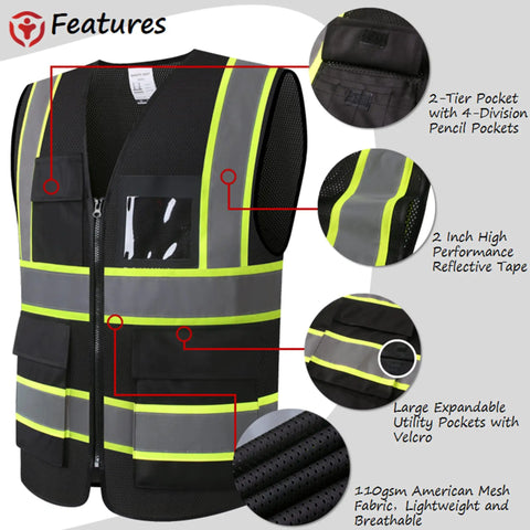 Heavy Duty High Viz Reflective Safety Vest For Men And Women Featuring All Day Comfy Breathable Mesh Top Shelf Construction Work Gear For Day And Night Visibility with multiple pockets and reflective tape.