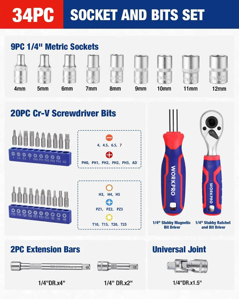 34 Piece One Fourth Inch Drive Mini Socket Ratchet Set with Bits Magnetic Driver Dual Socket and Bit Head Ratchet Metric Sockets