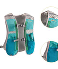 Hydration Vest And Pack For Night Runs Adjustable Chest Strap Hydration Backpack For Men And Women Running Jogging Fitness Camping Blue Reflective Stripes For Night Safety Lightweight Ergonomic Design, showing front with green trim