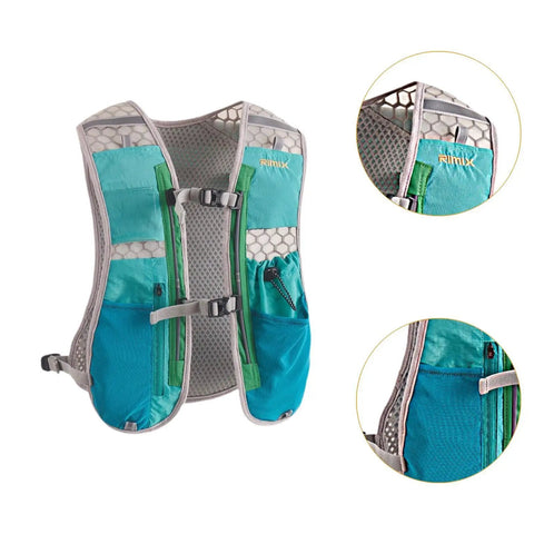 Hydration Vest And Pack For Night Runs Adjustable Chest Strap Hydration Backpack For Men And Women Running Jogging Fitness Camping Blue Reflective Stripes For Night Safety Lightweight Ergonomic Design, showing front with green trim