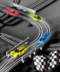 Epic Slot Car Race Track Set For Kids With Four High Speed Cars racing on a curved overpass section.