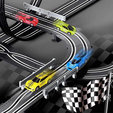 Epic Slot Car Race Track Set For Kids With Four High Speed Cars racing on a curved overpass section.