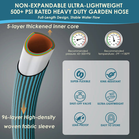 FlexiSolve non-expandable garden hose 150 ft with blue 96-layer woven fabric sleeve and 10-pattern nozzle