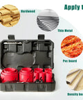 Front view of a 17-piece bi-metal hole saw kit in a black case with red hole saws and mandrels; 3/4–2-1/2 in; for metal, PVC board, plastic.