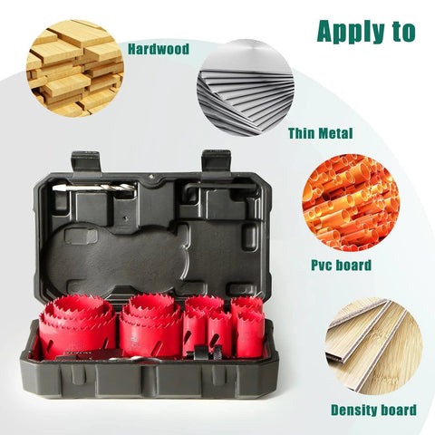 Front view of a 17-piece bi-metal hole saw kit in a black case with red hole saws and mandrels; 3/4–2-1/2 in; for metal, PVC board, plastic.