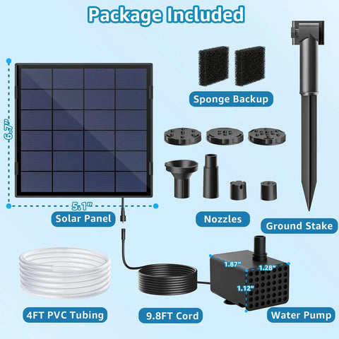 Solar Fountain Pump For Bird Bath And Small Pond Two Point Five Watt With Dry Run Protection package with accessories