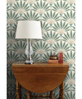Knockout Modern Geometric Wallpaper With Rock Solid Polyester And Natural Fiber Build Featuring A Slick Linen Finish PVC Free Heavy Duty Material, displayed with a lamp and books.