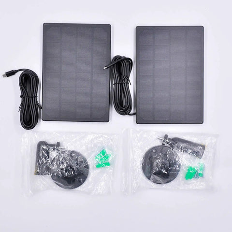 Two Pack Solar Panel Kit For Wireless Outdoor Security Cameras That Use 5V Micro USB Rechargeable Battery Power Keeps Wyze Cam And EufyCam 2 Pro And Similar Cameras Charged Outdoors All Day Weatherproof Three Point Five Watt Each Panel with mounting accessories