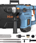 Beast Mode Heavy Duty Rotary Hammer Drill 12.5 Amp With One And A Quarter Inch SDS Plus 3 Modes Vibration Damping, blue, with accessories and case.