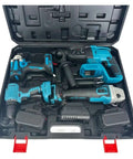 No-Brainer Brushless 4-Piece Cordless Power Tool Set Including Angle Grinder Hammer Drill Impact Wrench in a compact carrying case.