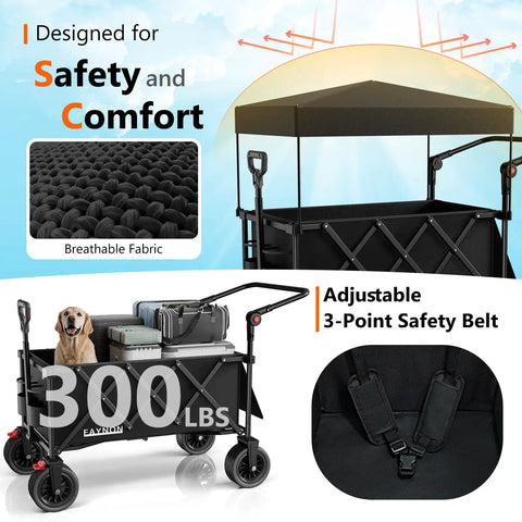 3 in 1 Collapsible Wagon With 300 Lb Weight Capacity Heavy Duty Utility Cart with Removable Canopy and safety features