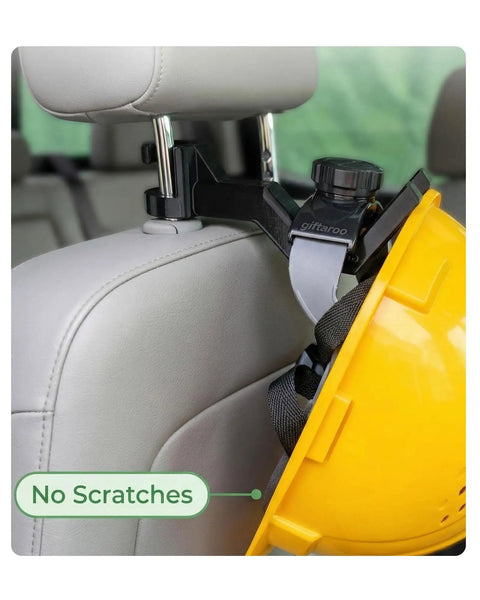 Hard Hat Headrest Hook Organizer For Truck Cab, 3-Second Install Helmet Holder Mount shown securing a yellow hard hat on seat.
