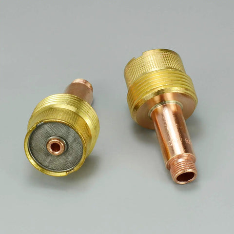TIG Gas Lens Collet Bodies Jumbo Large Diameter One Eighth Inch And Three Point Two Millimeter Orifice For QQ300 PTA DB SR WP Seventeen Eighteen Twenty Six Welding Torch Pack Of Two, showing mesh detail and thread.