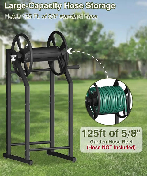 4-Spike Garden Hose Reel With 3.9 Ft Leader Hose And Stainless Fitting, black freestanding metal stand holding garden hose.