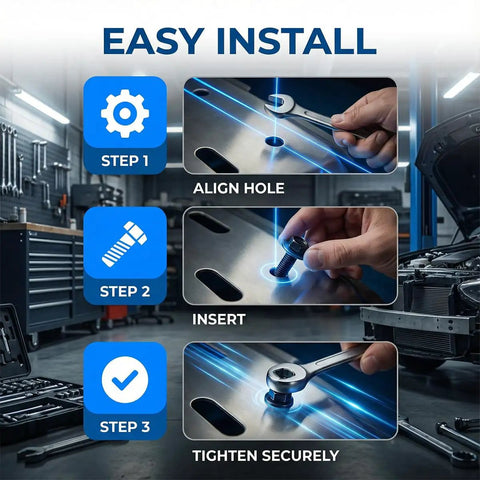 M6x24mm Hella Tough Auto Body Bolts Kit With Washers installation steps showing alignment, insertion, and tightening process.