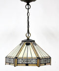 Tiffany Style Yellow Hexagon Pendant Light Fixture with Stained Glass, 12 Inch Wide Shade, hanging from 24 Inch Chain