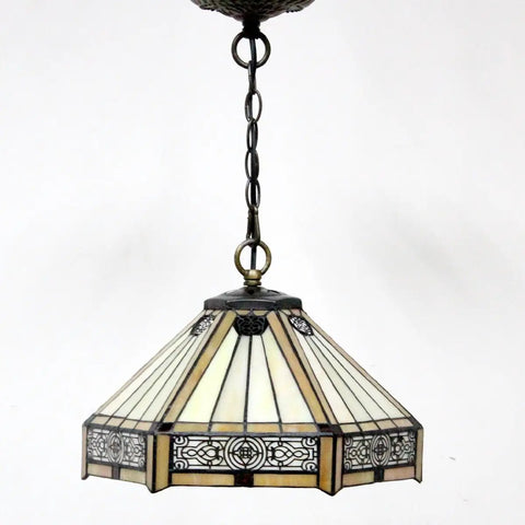 Tiffany Style Yellow Hexagon Pendant Light Fixture with Stained Glass, 12 Inch Wide Shade, hanging from 24 Inch Chain