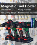 Magnetic Power Tool Organizer With 2 Heavy Duty Hooks And Drill Tools Holder For Garage Or Workshop, Steel Pegboard Mount, Rugged Tool Rack For Power Tools, Cables, And Garden Hose visible with drills mounted