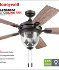 Glencrest 52 Inch Indoor Outdoor LED Ceiling Fan With Light And Pull Chain, Dual Finish Blades, Close Up View