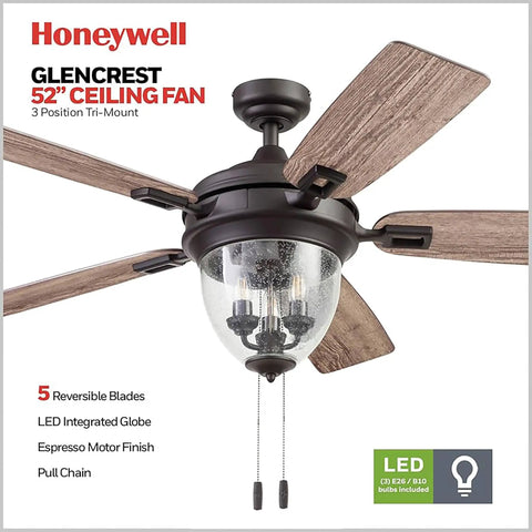 Glencrest 52 Inch Indoor Outdoor LED Ceiling Fan With Light And Pull Chain, Dual Finish Blades, Close Up View