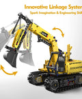 5 In 1 STEM Building Kit With Remote Control Excavator 555-Piece Engineering Toy For Kids Ages 6 To 14 DIY Robotics And Science Gift For Boys And Girls showcasing the excavator's moving arm and detailed parts.