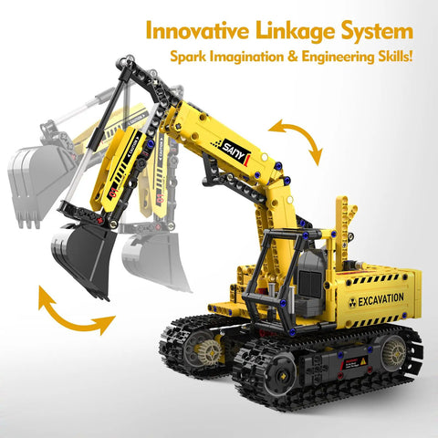 5 In 1 STEM Building Kit With Remote Control Excavator 555-Piece Engineering Toy For Kids Ages 6 To 14 DIY Robotics And Science Gift For Boys And Girls showcasing the excavator's moving arm and detailed parts.