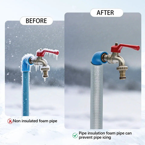 Before and after of 24 Pack Self Adhesive 3/4 Inch Pipe Insulation Foam Tubes With Aluminum Foil Cover on outdoor faucet preventing freeze.