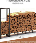 Beefy 8Ft Firewood Rack With Heavy Duty Metal Frame And Built In Kindling Storage For Indoor And Outdoor Use filled with logs