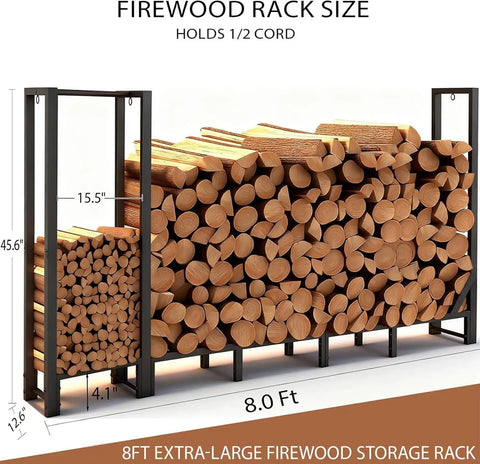 Beefy 8Ft Firewood Rack With Heavy Duty Metal Frame And Built In Kindling Storage For Indoor And Outdoor Use filled with logs