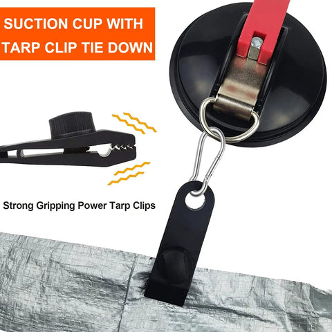 Heavy Duty Vacuum Suction Cup Anchor Kit, 2 pack with tarp clip and strong suction cup securing tarp for car, boats, camping.