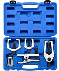 Open case showing 5 In 1 Ball Joint Separator Kit With Pitman Arm Puller And Tie Rod End Tool Set For Front End Service Splitter Removal Kit
