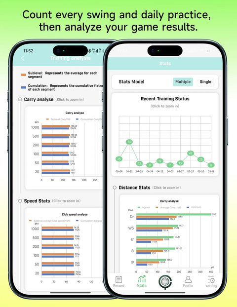 Portable Golf Launch Monitor And Home Simulator For Swing Analysis app displaying real-time stats on iOS and Android.