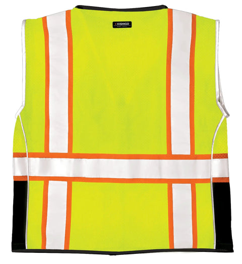 Rock Solid Heavy Duty Reflective Safety Vest Designed For Road Crews And Night Shift Workers Featuring Kickass Ansi Class Two Visibility Cool Airflow Mesh Fabric Six Utility Storage Pockets And Bold Orange Contrast Edging In Extra Large back view