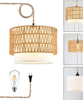 Super Chic Handwoven Rattan Plug In Pendant Light With Nifty Inline Dimmer And Removable Double Drum Shades For Low Key Cool Boho Kitchen Island Home Decor Flex, featuring a braided cord and warm illumination.