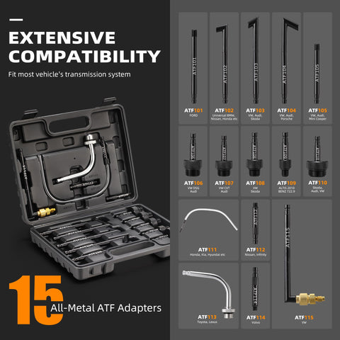 Detailed view of 10L Pneumatic Transmission Fluid Pump Kit with 15 Metal ATF Adapters and storage case, showcasing auto tool compatibility.
