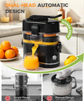 Amzpass Dual Head Electric Orange Juicer With Built In Cutter Citrus Squeeze Machine One Touch Auto Press For Lemons Grapefruits 200W black juicer pouring fresh juice into a glass.