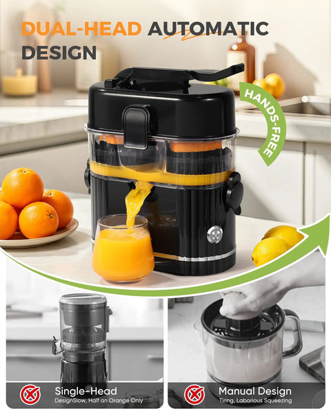 Amzpass Dual Head Electric Orange Juicer With Built In Cutter Citrus Squeeze Machine One Touch Auto Press For Lemons Grapefruits 200W black juicer pouring fresh juice into a glass.