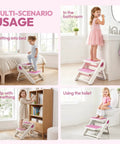Top Shelf Folding Toddler Step Stool Built Solid For Your Little Munchkins Features Killer Non Slip Grip Easy Tuck Away Design Takes Up Zero Counter Space Supports 110 Lbs Super Safe BPA Free Pink used in bathroom and home scenarios.