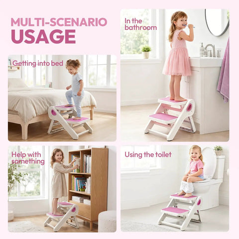 Top Shelf Folding Toddler Step Stool Built Solid For Your Little Munchkins Features Killer Non Slip Grip Easy Tuck Away Design Takes Up Zero Counter Space Supports 110 Lbs Super Safe BPA Free Pink used in bathroom and home scenarios.