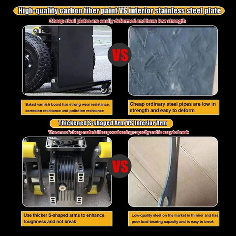 Comparison of High Duty Electric Stair Climbing Hand Truck materials: carbon fiber paint vs cheap steel, showing durability and strength differences.