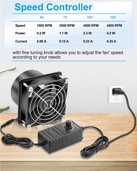 80mm 12V DC Axial Exhaust Fan with Adjustable Speed Controller for DIY Soldering, with fume extractor plugged into wall