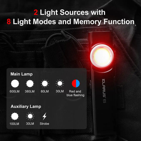 Pocket EDC Dual Light Flashlight With Rechargeable USB C 600 Lumen Output 2 light sources and light modes on black fabric
