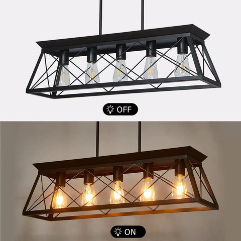 Five Light Farmhouse Pendant Ceiling Fixture For Dining Room Over Table And Kitchen Island Modern Black Chandelier With Warm Soft Glow On And Off View
